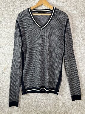 Zegna Men’s Black and White V Neck Wool Sweater Size L
